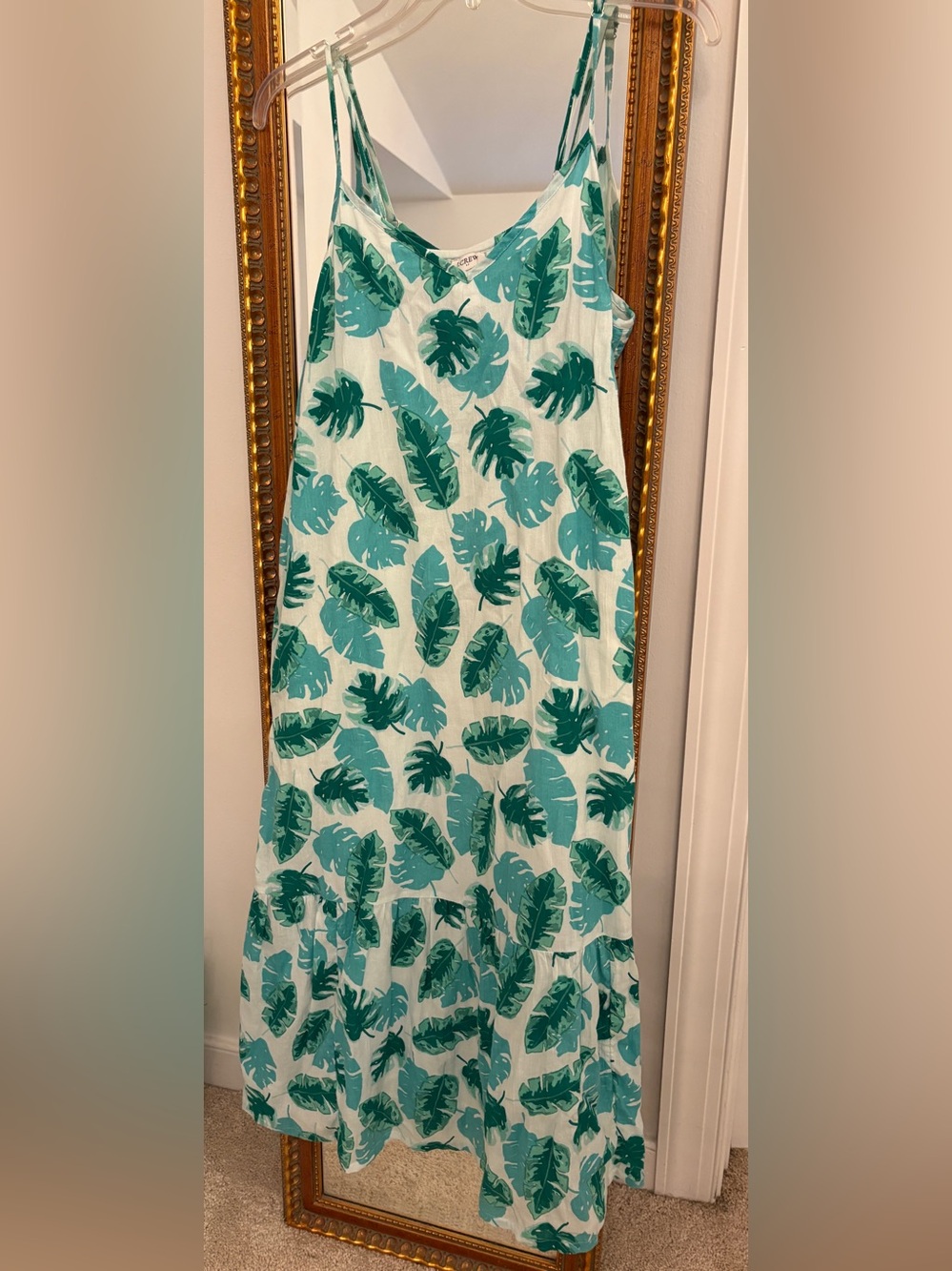 J. Crew Green and White Teopical Palm Leaf Sundress